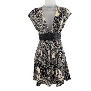 Sky Deep V Neck Leather Belted Stretch Silk Black Ivory Dress Size XS Paisley